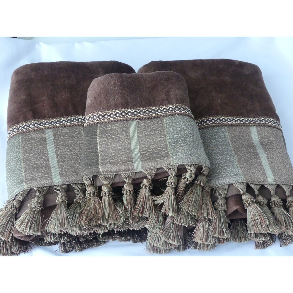 Sherry Kline Brown Tasseled Decorative Bath Towels Hand Lot of 3 NEW Gold Stripe